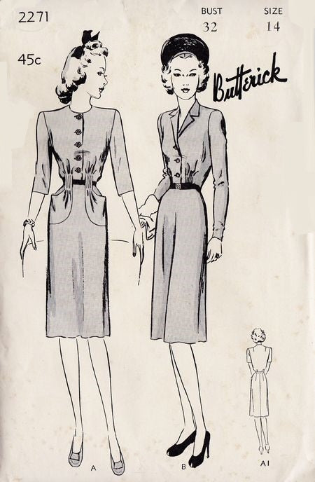 1940s FAB Tailored Dress Pattern BUTTERICK 2271 Lovely Peg Top Dress Two Versions Bust 32 Vintage Sewing Pattern