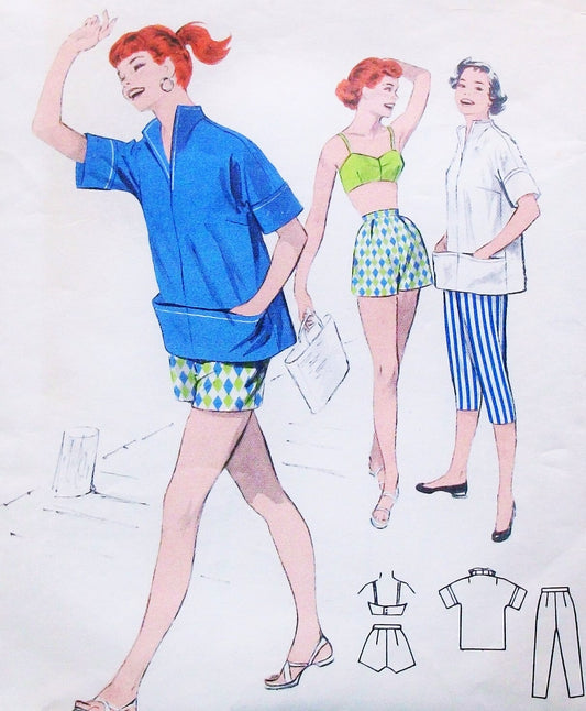 50s BeachWear Sports Rockabilly Pattern Butterick 7391 Capri Pants Pin Up High Waist Shorts Bra Top B 34 Vintage Sewing Pattern FACTORY FOLDED