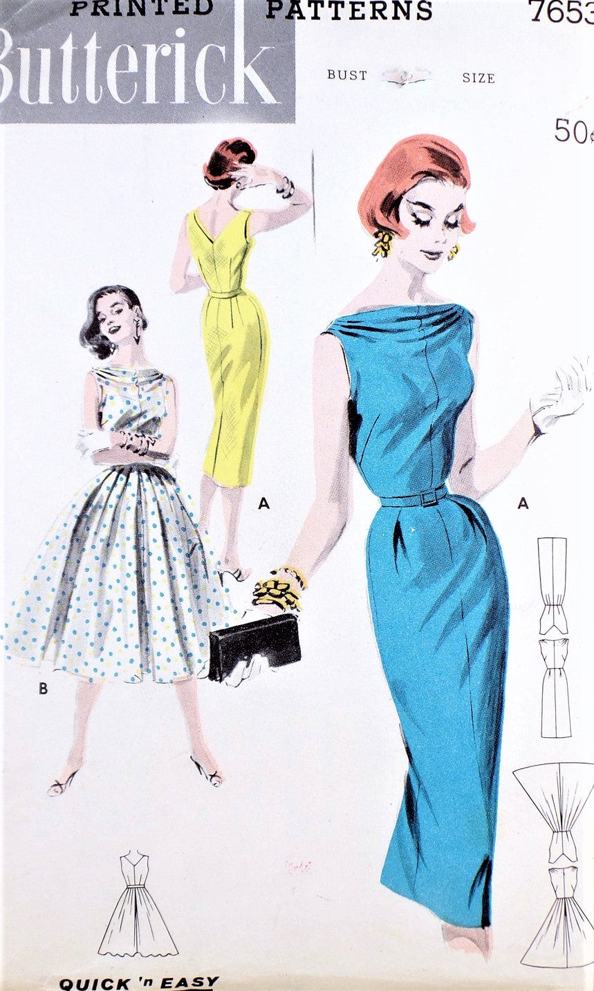 1950s SOPHISTICATED Slim or Full Skirt Dress Pattern BUTTERICK 7653 Lovely Draped Bateau Neckline,Day or Party Dress Bust 32 Quick n Easy Vintage Sewing Pattern