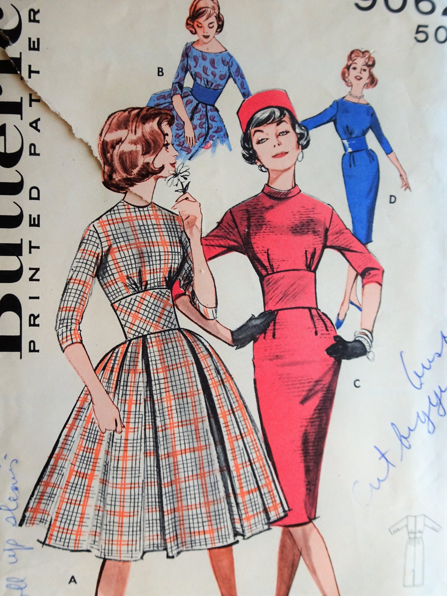 1950s EYE CATCHING Midriff Dress Pattern BUTTERICK 9062 Slim or Pleated Dress Figure Flattering, Bust 32 Vintage Sewing Pattern