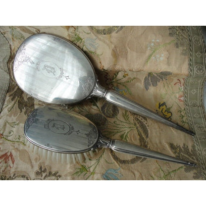 ELEGANT Antique Birks Sterling Silver Vanity Set,Hand Mirror and Brush,Monogram D,Lovely Engraving, Perfect Gift or Add To Silver Collection