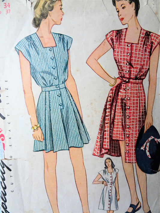 1940s FABULOUS Playsuit and Skirt Pattern SIMPLICITY 1299 Great Design,Resort Beachwear,Bust 34 Vintage Sewing Pattern