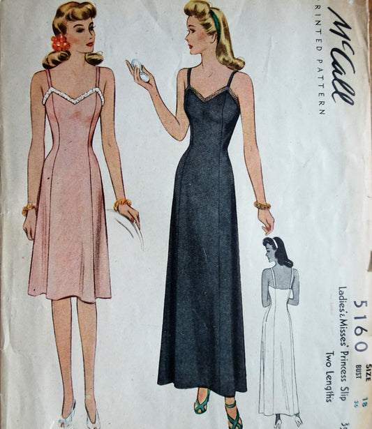 1940s BEAUTIFUL Princess Style Slip Pattern McCALL 5160 Day or Evening Floor Length, Bust 36 Vintage Sewing Pattern