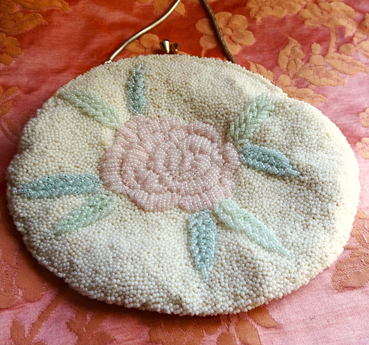 BEAUTIFUL 1950s Hand Beaded Evening Purse, Pastel Color Glass Beads Evening Bag, Micro Beaded Hand Bag, Collectible Vintage Purses Bags