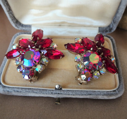 STRIKING Vintage AB and Ruby Red Glass Rhinestone Earrings, Lovely Sparkling Red Art Glass Earrings, Mid-Century Clip On Earrings,Collectible Jewelry