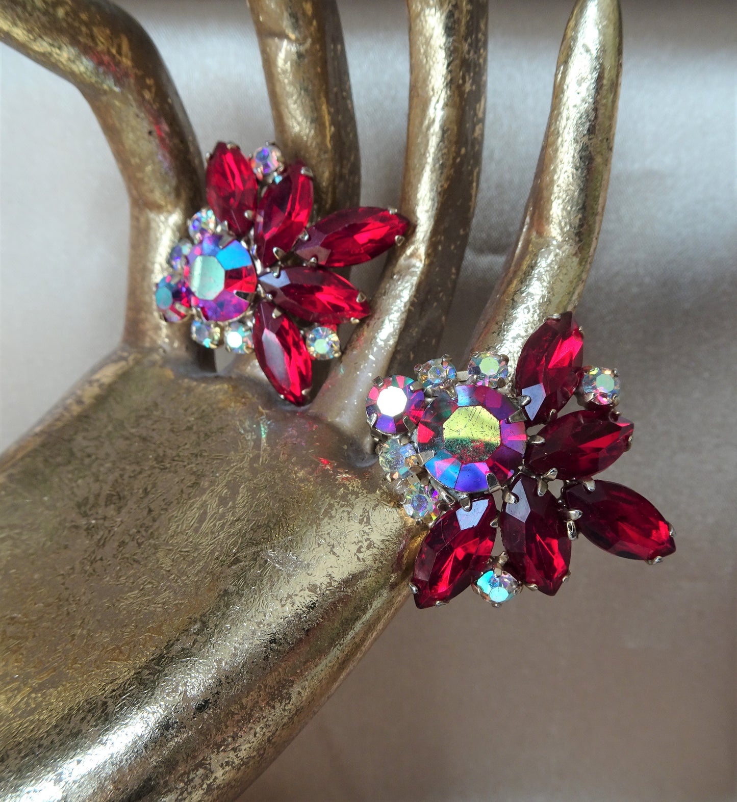 STRIKING Vintage AB and Ruby Red Glass Rhinestone Earrings, Lovely Sparkling Red Art Glass Earrings, Mid-Century Clip On Earrings,Collectible Jewelry