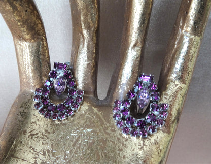 GLAMOROUS Purple Glass Signed Earrings, Sparkling Drop Earrings,Dangle Sterling Silver Earrings,Bridal,Collectible Vintage Jewelry