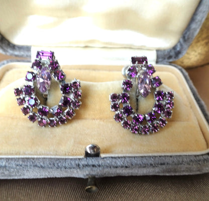 GLAMOROUS Purple Glass Signed Earrings, Sparkling Drop Earrings,Dangle Sterling Silver Earrings,Bridal,Collectible Vintage Jewelry