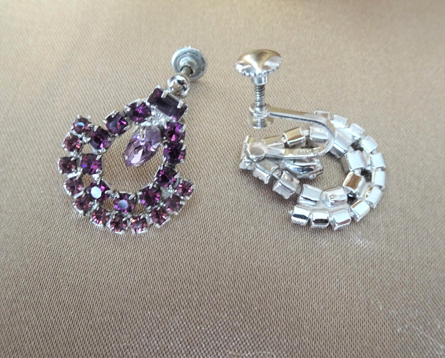 GLAMOROUS Purple Glass Signed Earrings, Sparkling Drop Earrings,Dangle Sterling Silver Earrings,Bridal,Collectible Vintage Jewelry
