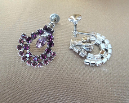 GLAMOROUS Purple Glass Signed Earrings, Sparkling Drop Earrings,Dangle Sterling Silver Earrings,Bridal,Collectible Vintage Jewelry