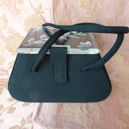 STUNNING 1940s Carved Lucite Lid Black Purse, Beautiful Design Shape, Fabulous Condition, Collectible Vintage Purses