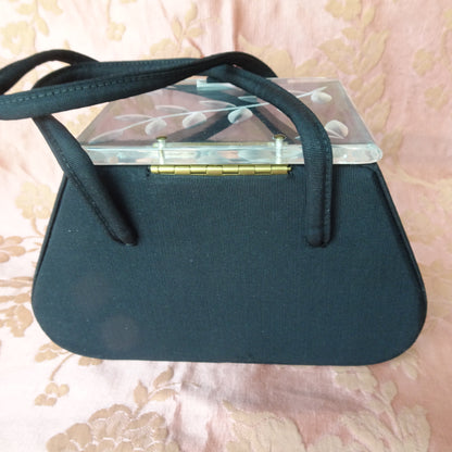 STUNNING 1940s Carved Lucite Lid Black Purse, Beautiful Design Shape, Fabulous Condition, Collectible Vintage Purses