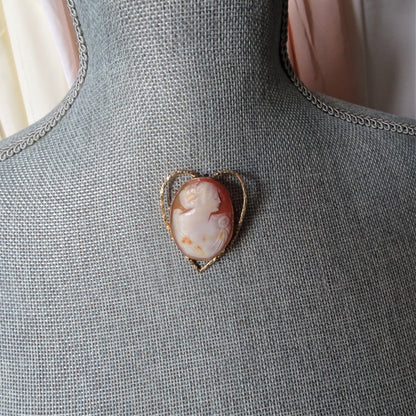 BEAUTIFUL Antique Cameo Brooch or Necklace, Hand Carved Shell Cameo, HEART Shape Setting, Collectible Antique Cameos, Vintage Jewelry
