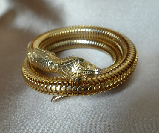 VINTAGE Mesh Snake Bracelet, Triple Coil Flexible Bracelet, Gleaming Gold Tone Metal, Detailed Coiled Snake Serpent With Green Glass Eyes, Unique Vintage Jewelry