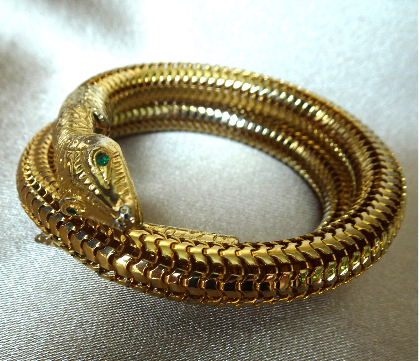 VINTAGE Mesh Snake Bracelet, Triple Coil Flexible Bracelet, Gleaming Gold Tone Metal, Detailed Coiled Snake Serpent With Green Glass Eyes, Unique Vintage Jewelry
