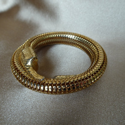 VINTAGE Mesh Snake Bracelet, Triple Coil Flexible Bracelet, Gleaming Gold Tone Metal, Detailed Coiled Snake Serpent With Green Glass Eyes, Unique Vintage Jewelry