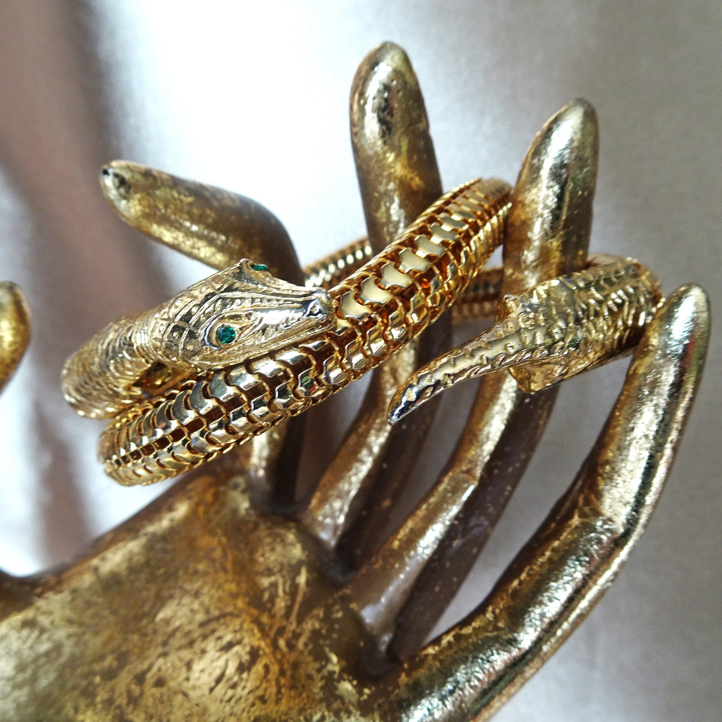 VINTAGE Mesh Snake Bracelet, Triple Coil Flexible Bracelet, Gleaming Gold Tone Metal, Detailed Coiled Snake Serpent With Green Glass Eyes, Unique Vintage Jewelry