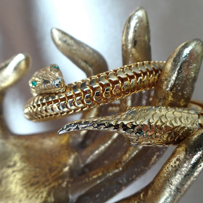 VINTAGE Mesh Snake Bracelet, Triple Coil Flexible Bracelet, Gleaming Gold Tone Metal, Detailed Coiled Snake Serpent With Green Glass Eyes, Unique Vintage Jewelry