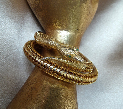 VINTAGE Mesh Snake Bracelet, Triple Coil Flexible Bracelet, Gleaming Gold Tone Metal, Detailed Coiled Snake Serpent With Green Glass Eyes, Unique Vintage Jewelry