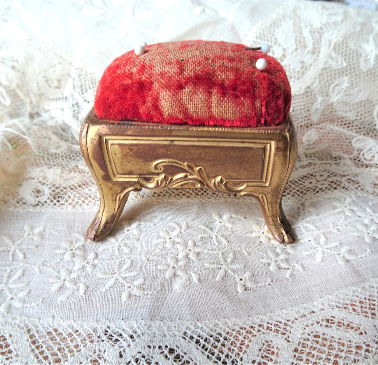 ROMANTIC Art Nouveau Footed Pin Cushion, Perfect For Stick Pins or Hatpins, Vanity Display, Sewing Room Decor,Special Gift,Display Prop,Collectible Pin Cushions