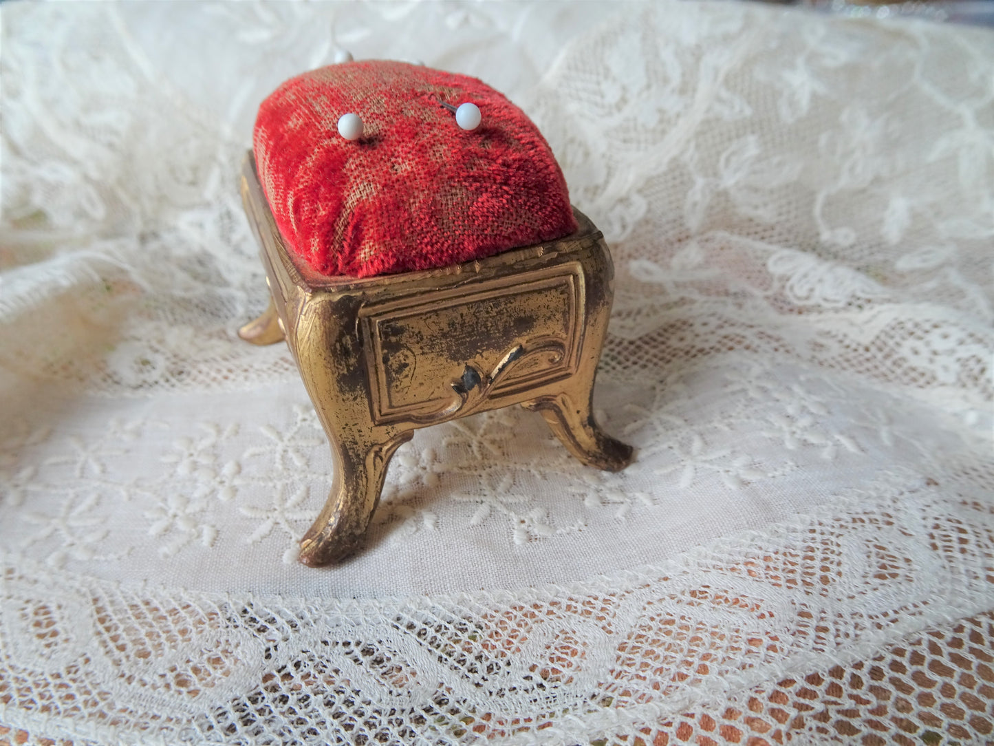 ROMANTIC Art Nouveau Footed Pin Cushion, Perfect For Stick Pins or Hatpins, Vanity Display, Sewing Room Decor,Special Gift,Display Prop,Collectible Pin Cushions