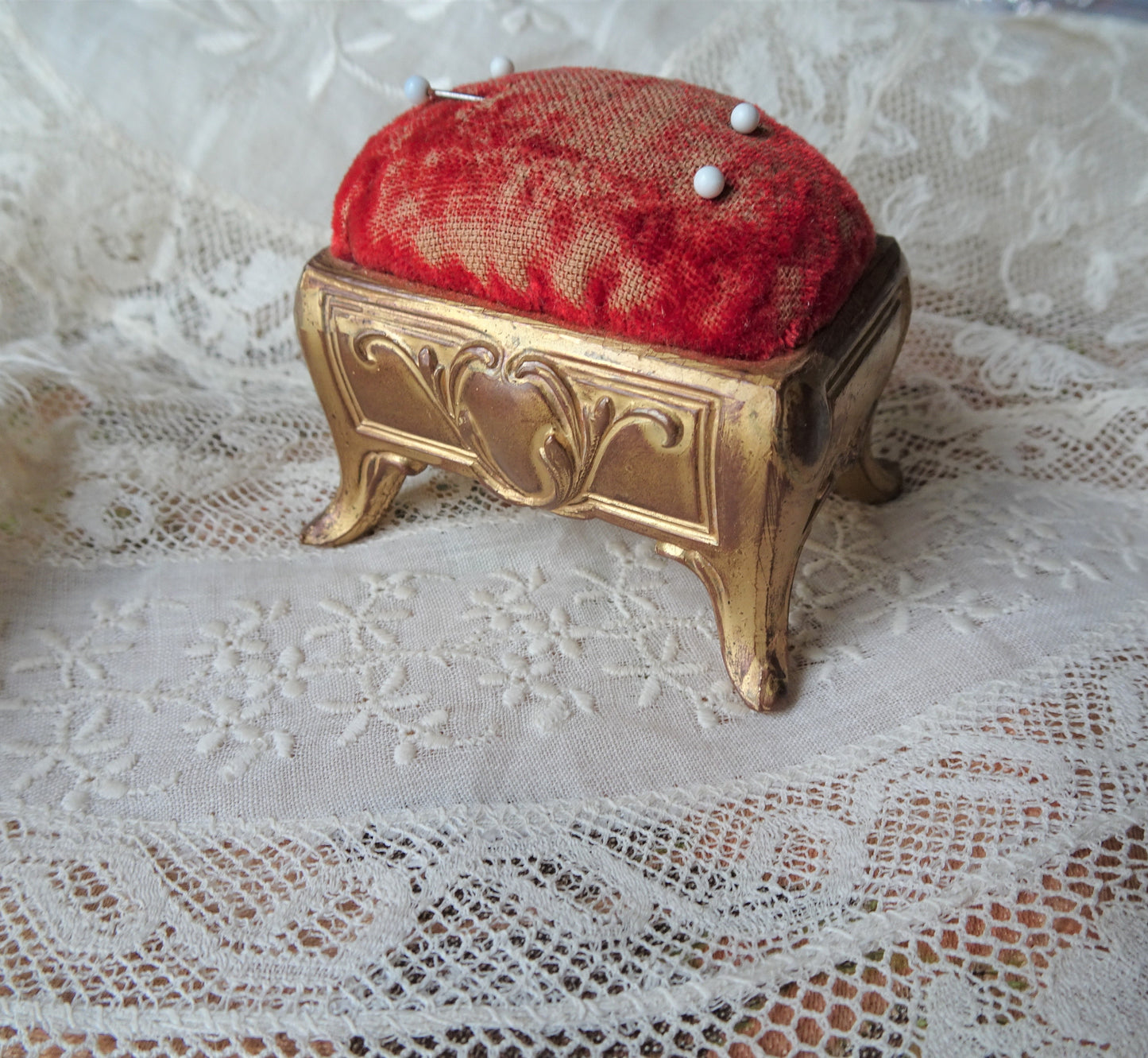 ROMANTIC Art Nouveau Footed Pin Cushion, Perfect For Stick Pins or Hatpins, Vanity Display, Sewing Room Decor,Special Gift,Display Prop,Collectible Pin Cushions