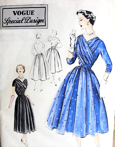 1950s BEAUTIFUL Evening Cocktail Party Dress Pattern VOGUE special Design 4345 Flattering  Cross Over Draped Bodice Full Skirt Dress Bust 30 Vintage Sewing Pattern