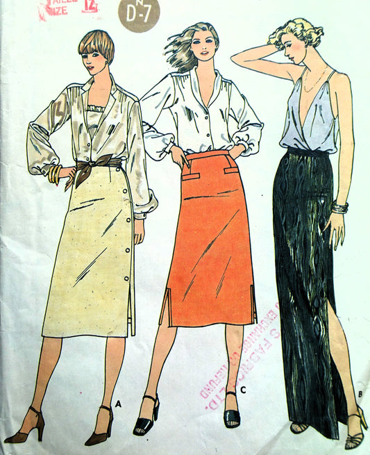 Late 70s Slim Straight Skirts Pattern Butterick 6377 Day or Evening, 3 Styles, Waist 26.5 Vintage Sewing Pattern