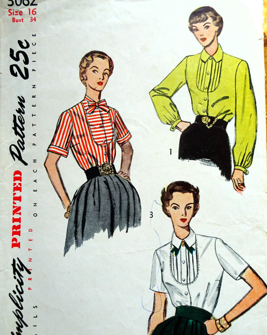 1950s CUTE Tuck In Blouse Pattern SIMPLICITY 3062 Three Pretty Styles Bust 34 Vintage Sewing Pattern