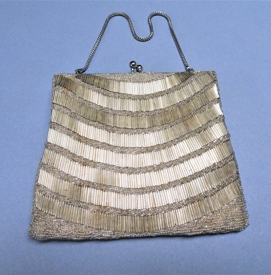 STUNNING Vintage 50s Evening Bag Purse, Hand Beaded Bag Silver Clear Beads,Collectible Vintage Purses