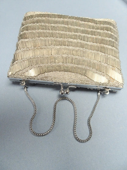 STUNNING Vintage 50s Evening Bag Purse, Hand Beaded Bag Silver Clear Beads,Collectible Vintage Purses