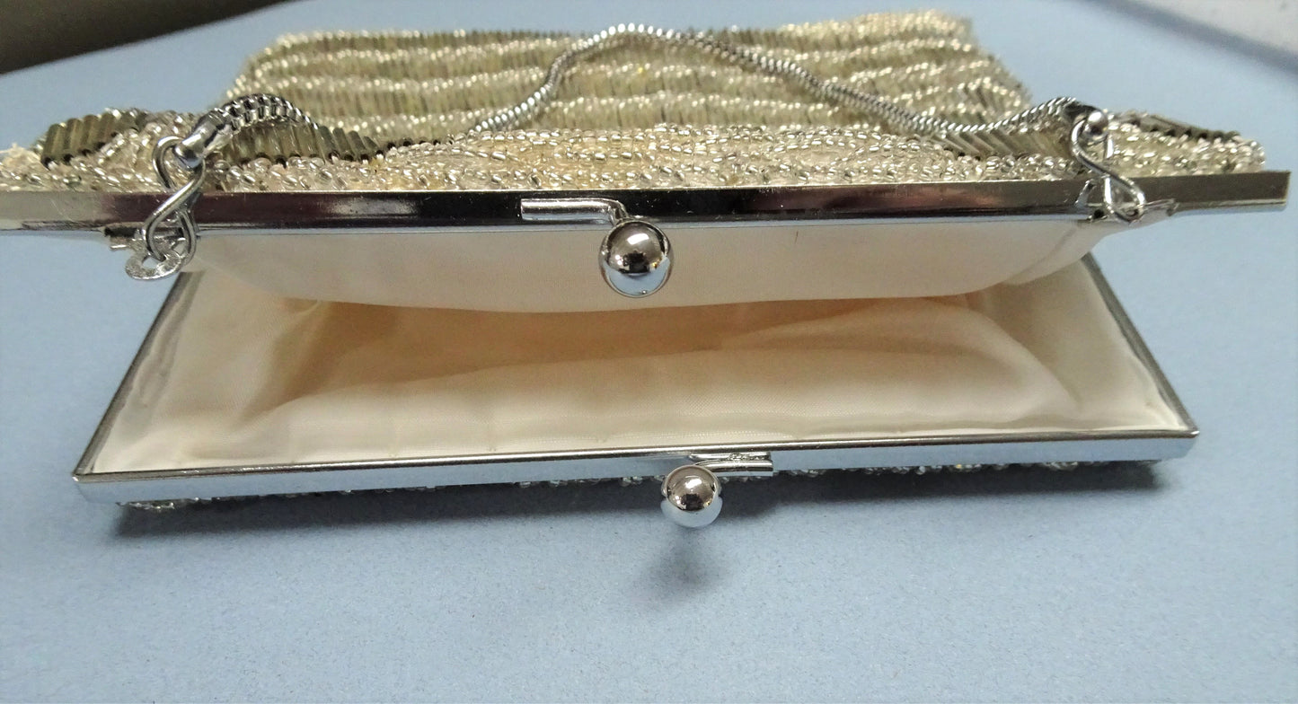 STUNNING Vintage 50s Evening Bag Purse, Hand Beaded Bag Silver Clear Beads,Collectible Vintage Purses