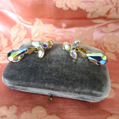 GLAMOROUS Rhinestone Glass Drop Earrings,Swarovski Crystals,Glittering AB Stones, Dangle Earrings, Mid Century Jewelry