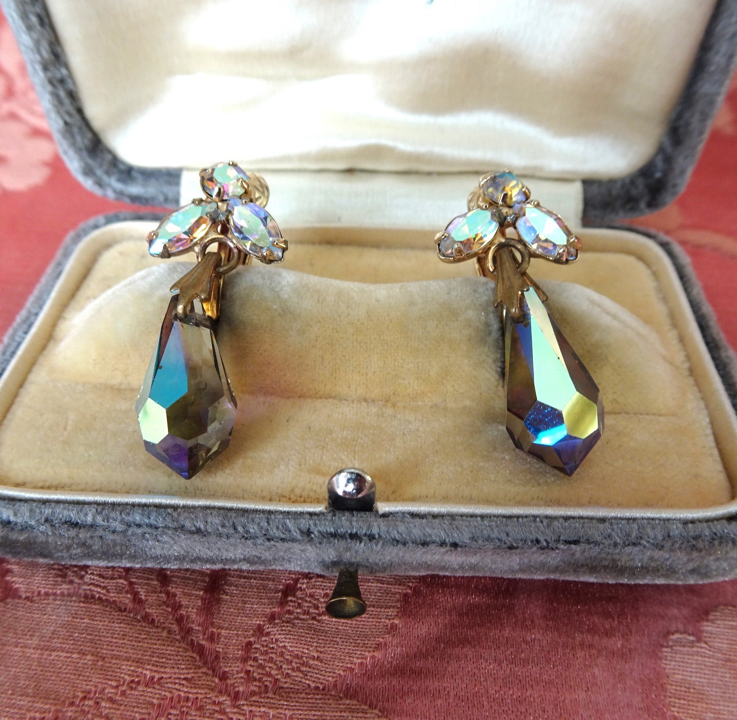 GLAMOROUS Rhinestone Glass Drop Earrings,Swarovski Crystals,Glittering AB Stones, Dangle Earrings, Mid Century Jewelry