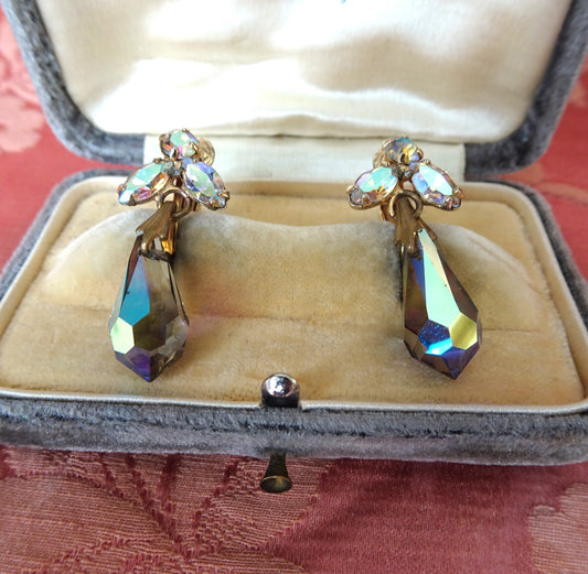 GLAMOROUS Rhinestone Glass Drop Earrings,Swarovski Crystals,Glittering AB Stones, Dangle Earrings, Mid Century Jewelry