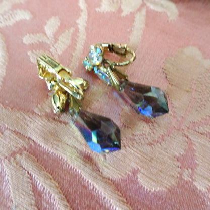 GLAMOROUS Rhinestone Glass Drop Earrings,Swarovski Crystals,Glittering AB Stones, Dangle Earrings, Mid Century Jewelry