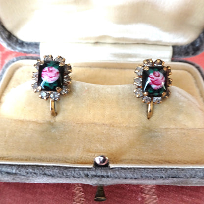 BEAUTIFUL Vintage Earrings, Pink Roses on Black Enamel Earrings, Sparkling Crystals, Screw Back Earrings, Collectible Vintage Jewelry