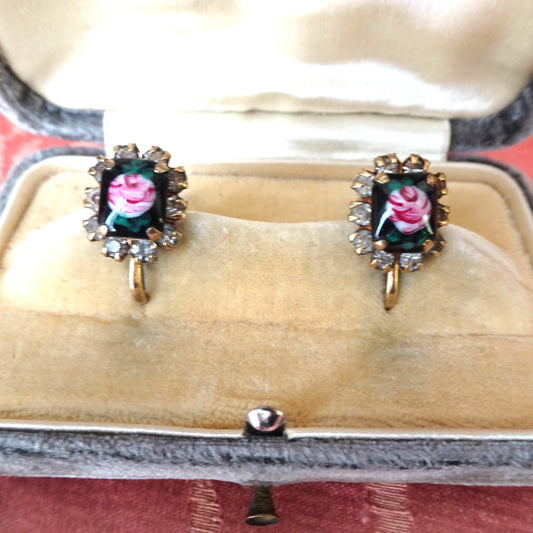 BEAUTIFUL Vintage Earrings, Pink Roses on Black Enamel Earrings, Sparkling Crystals, Screw Back Earrings, Collectible Vintage Jewelry
