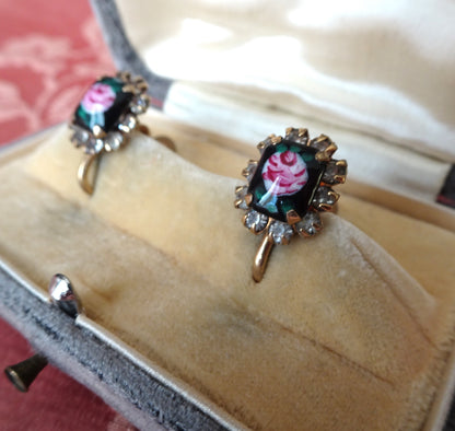 BEAUTIFUL Vintage Earrings, Pink Roses on Black Enamel Earrings, Sparkling Crystals, Screw Back Earrings, Collectible Vintage Jewelry