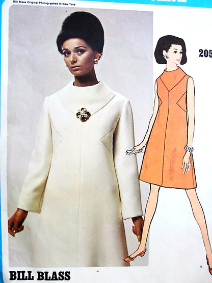 1960s MOD Dress Pattern VOGUE Americana 2055 Bill Blass Designer A-Line Dress Seam Interest  Bust 38 Vintage Sewing Pattern FACTORY FOLDED + Sew In Label