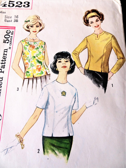 1960s FAB Set of Over Blouses Pattern SIMPLICITY 4523 Three Button Back Blouse Styles, Lovely Designs, Bust 36 Vintage Sewing Pattern