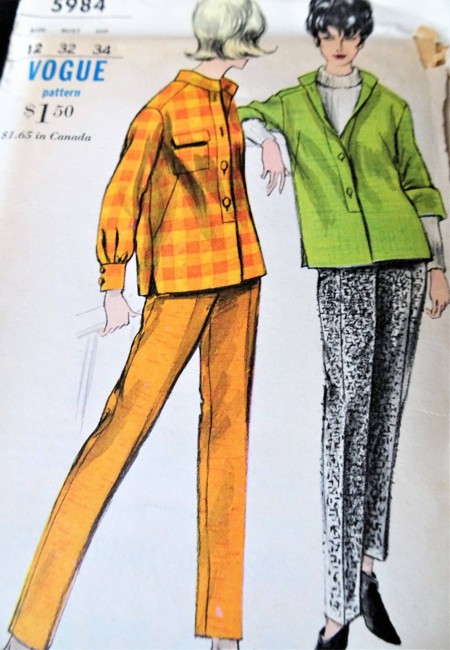 1960s  FAB Shirt and Sleek Cigarette Pants Pattern VOGUE 5984 So LUCY Show Style, Bust 32 Vintage Sewing Pattern FACTORY FOLDED