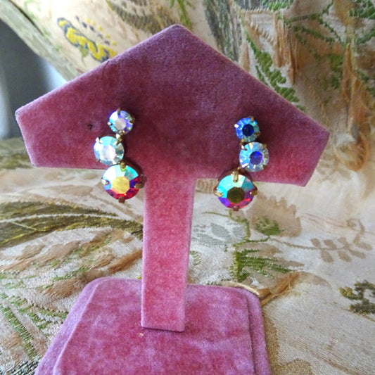 FABULOUS Vintage AB Rhinestone Earrings, Lovely Sparkling Glass Earrings, Mid-Century Clip On Earrings,Collectible Jewelry