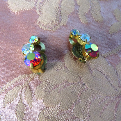 FABULOUS Vintage AB Rhinestone Earrings, Lovely Sparkling Glass Earrings, Mid-Century Clip On Earrings,Collectible Jewelry