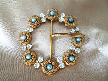 GORGEOUS Vintage Belt Buckle, Beautiful Filigree Metal with Gray Faux pearls and sparkling Glass Stones Sash Belt, Mid Century Vintage Dress Buckle, Collectible Buckles