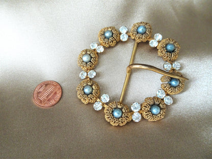 GORGEOUS Vintage Belt Buckle, Beautiful Filigree Metal with Gray Faux pearls and sparkling Glass Stones Sash Belt, Mid Century Vintage Dress Buckle, Collectible Buckles