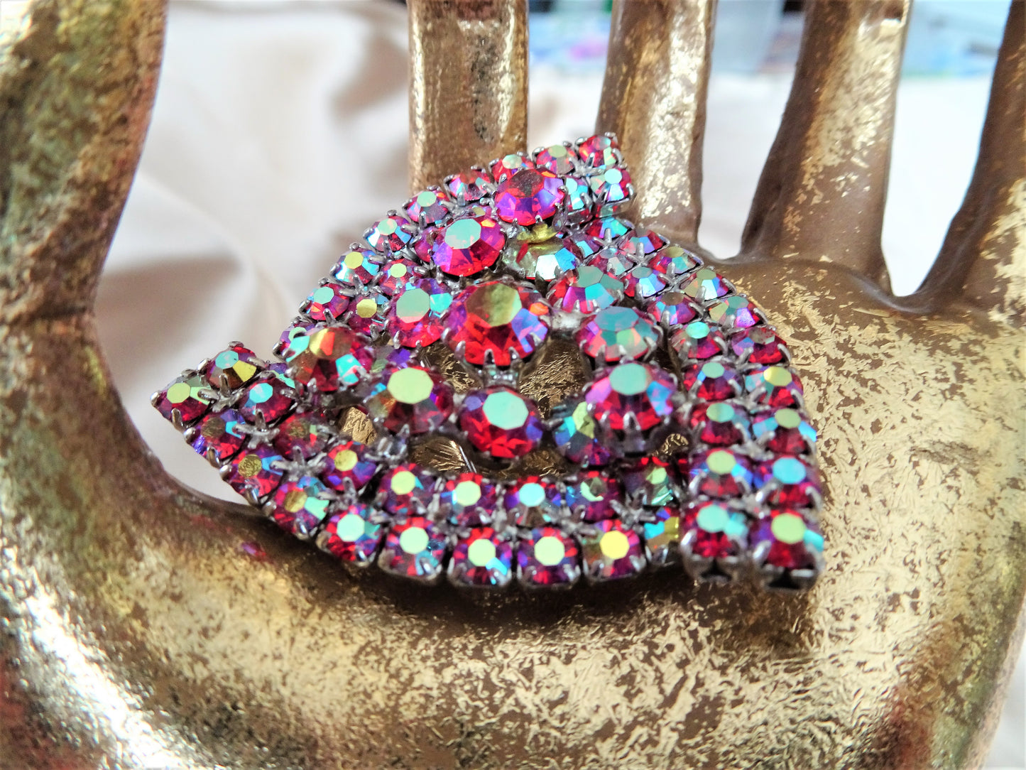 Vintage UNIQUE Design Brooch,Glittering AB Red Rhinestones,Multi Layered Large Brooch,Dazzling Swarovski Crystal,1950s Collectible Jewelry