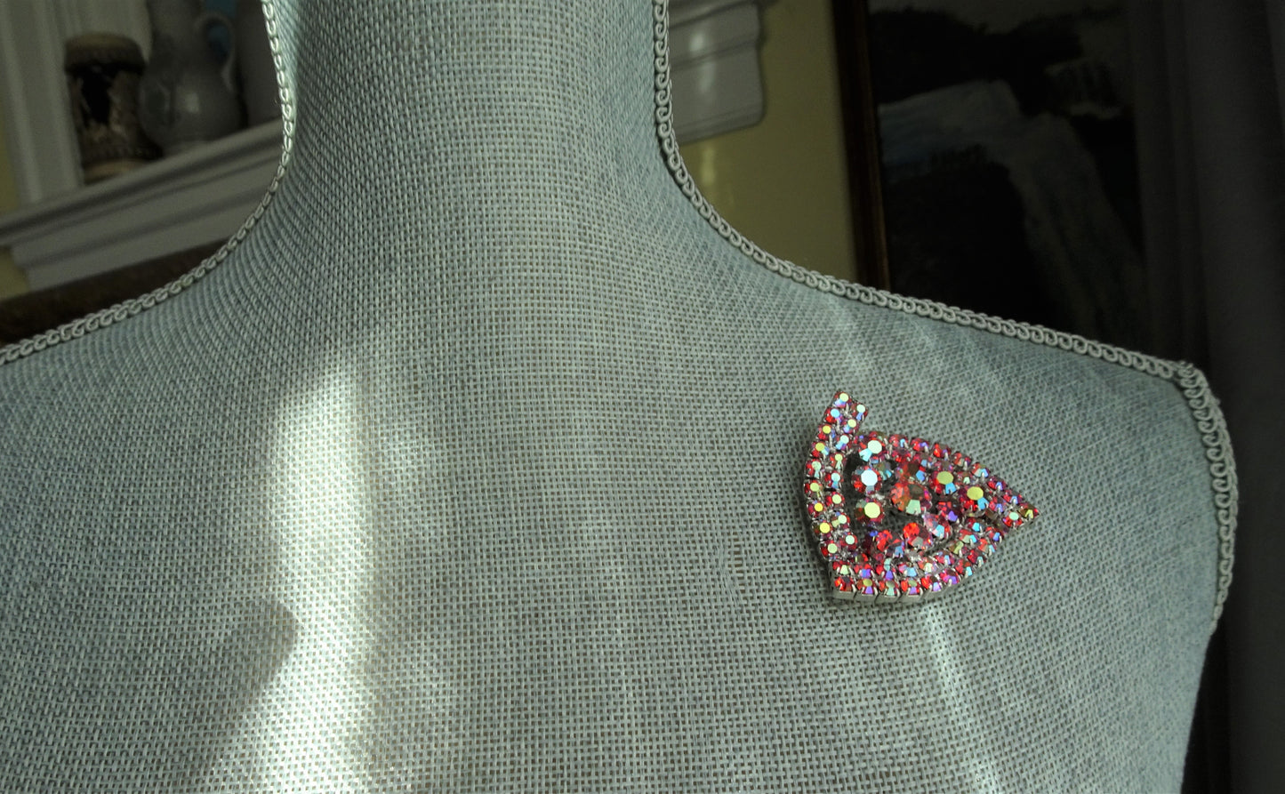 Vintage UNIQUE Design Brooch,Glittering AB Red Rhinestones,Multi Layered Large Brooch,Dazzling Swarovski Crystal,1950s Collectible Jewelry