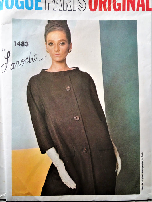 1960s CLASSY Guy Laroche Coat and Dress Pattern VOGUE Paris Original 1483 Lovely Straight Coat, Elegant Day or Party Dress Bust 34 Vintage Sewing Pattern