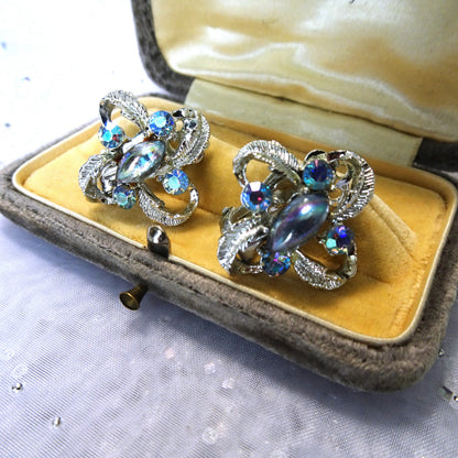 STRIKING Vintage AB Rhinestone Earrings, Lovely Sparkling Blue Glass Earrings, Mid-Century Clip On Earrings,Collectible Jewelry